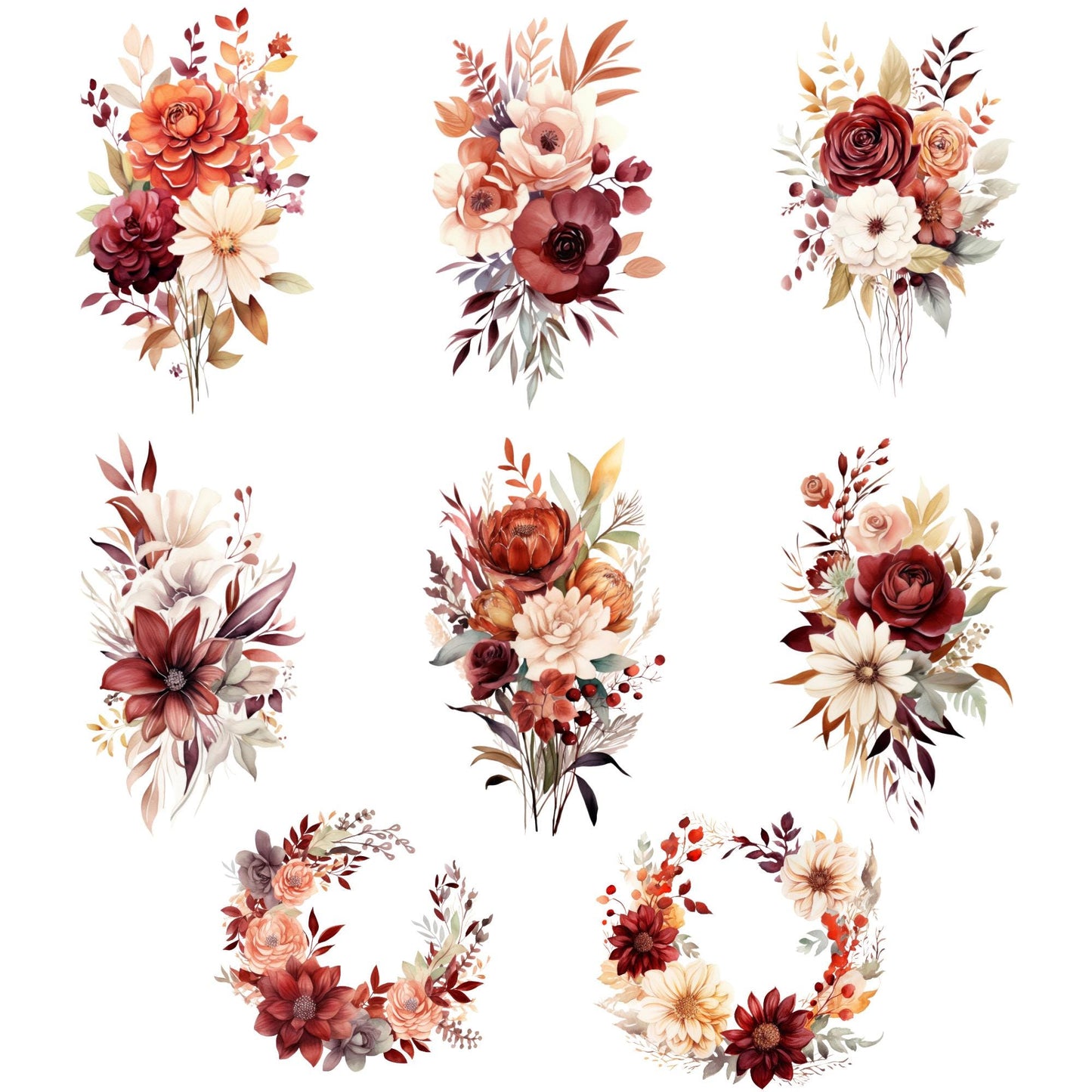 Clipart floral en tonos burdeos y óxido