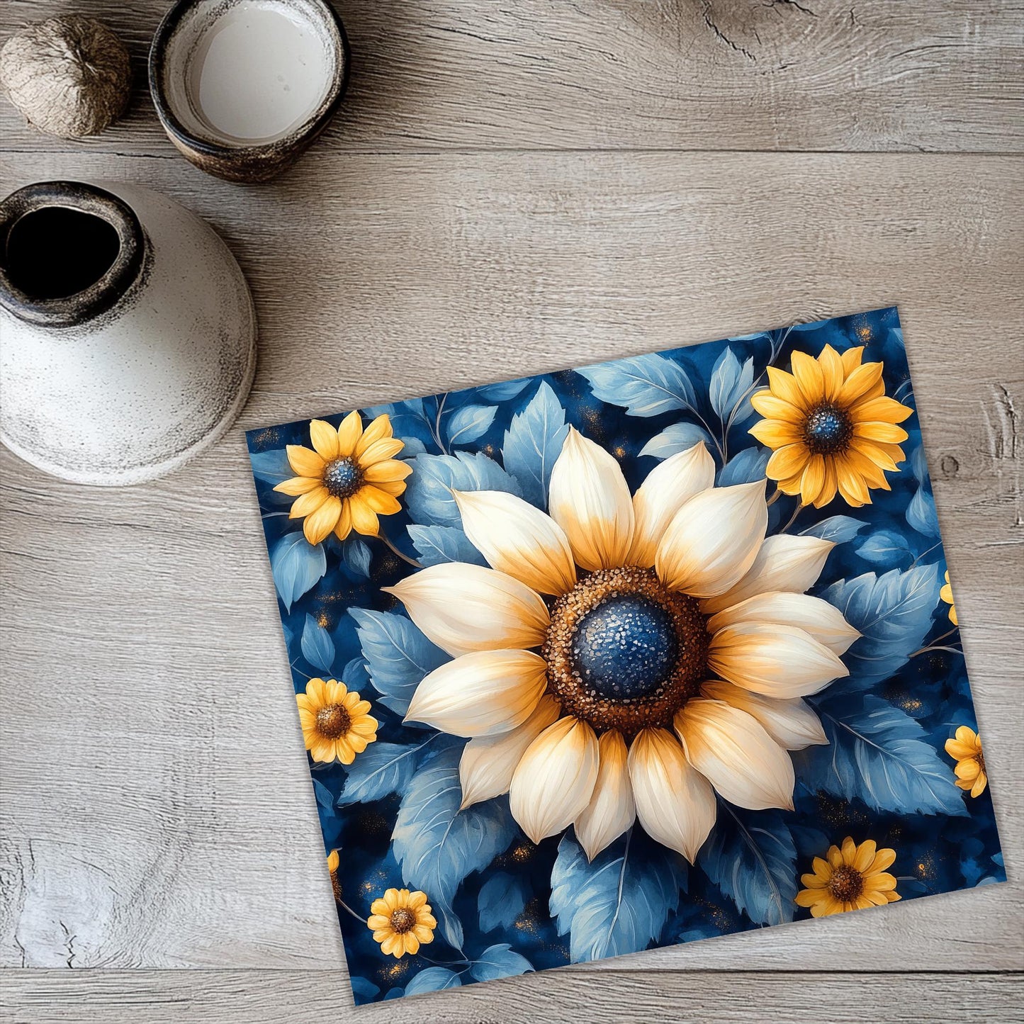 a painting of a sunflower with blue leaves