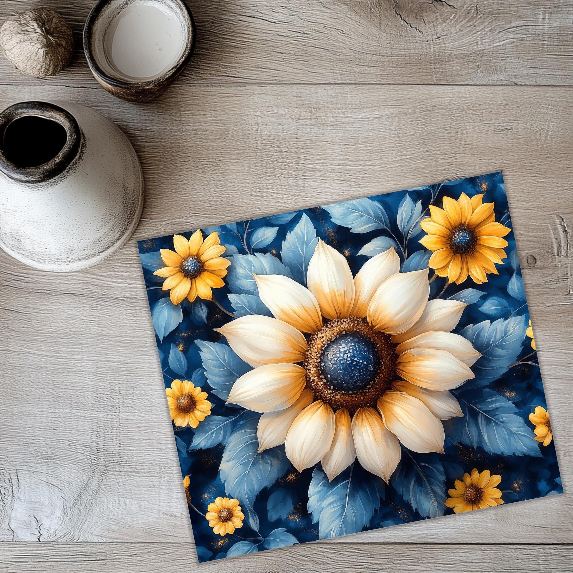 a painting of a sunflower with blue leaves