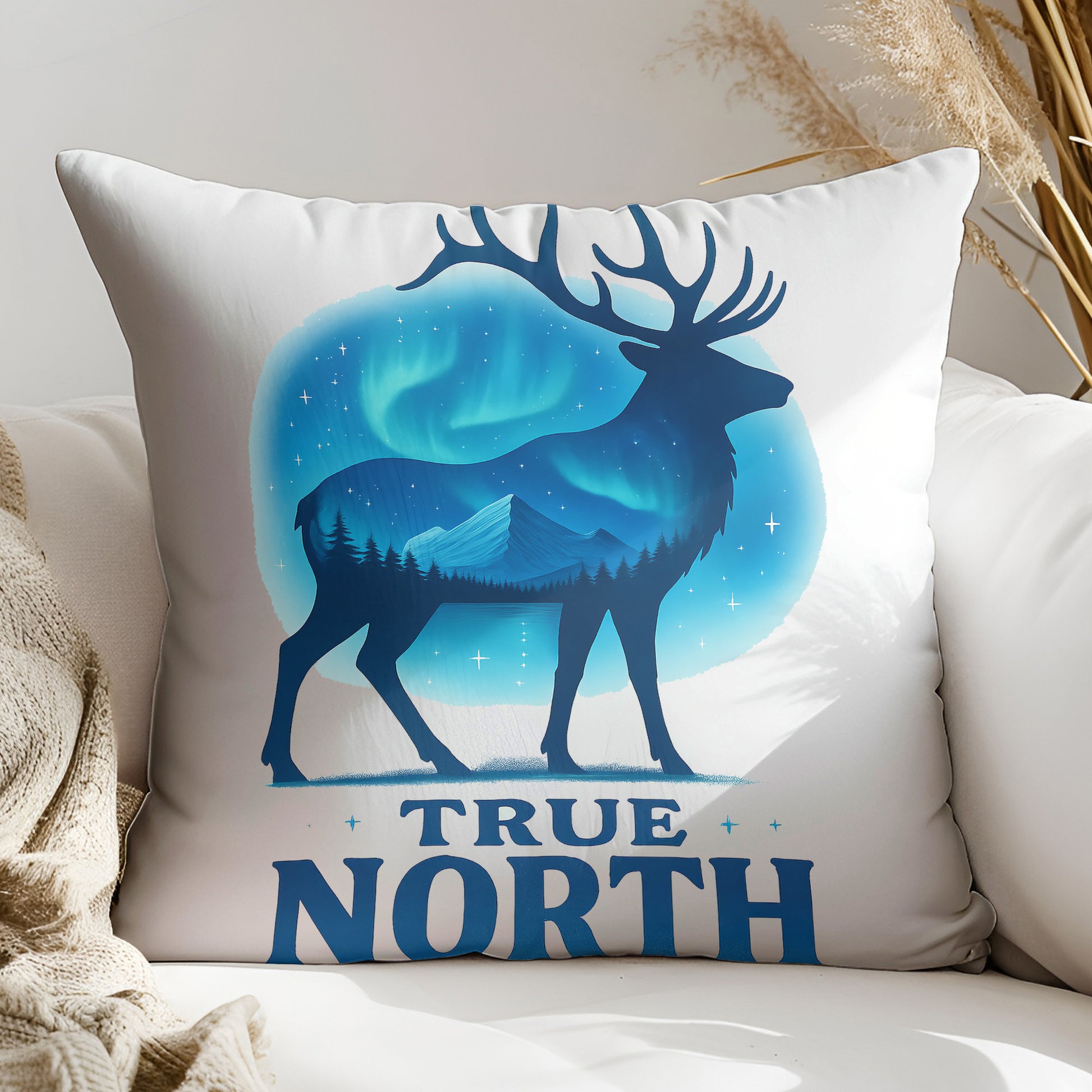 a pillow that has a picture of a deer on it