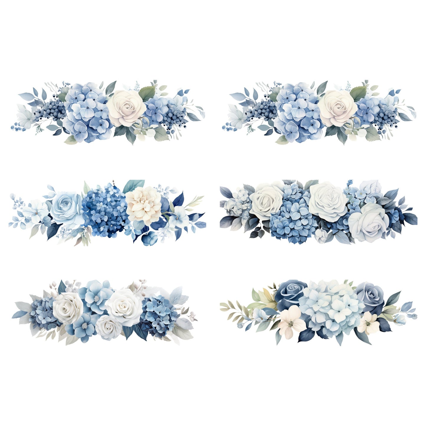 Watercolor Dusty Blue Hydrangea and Rose Floral Clipart