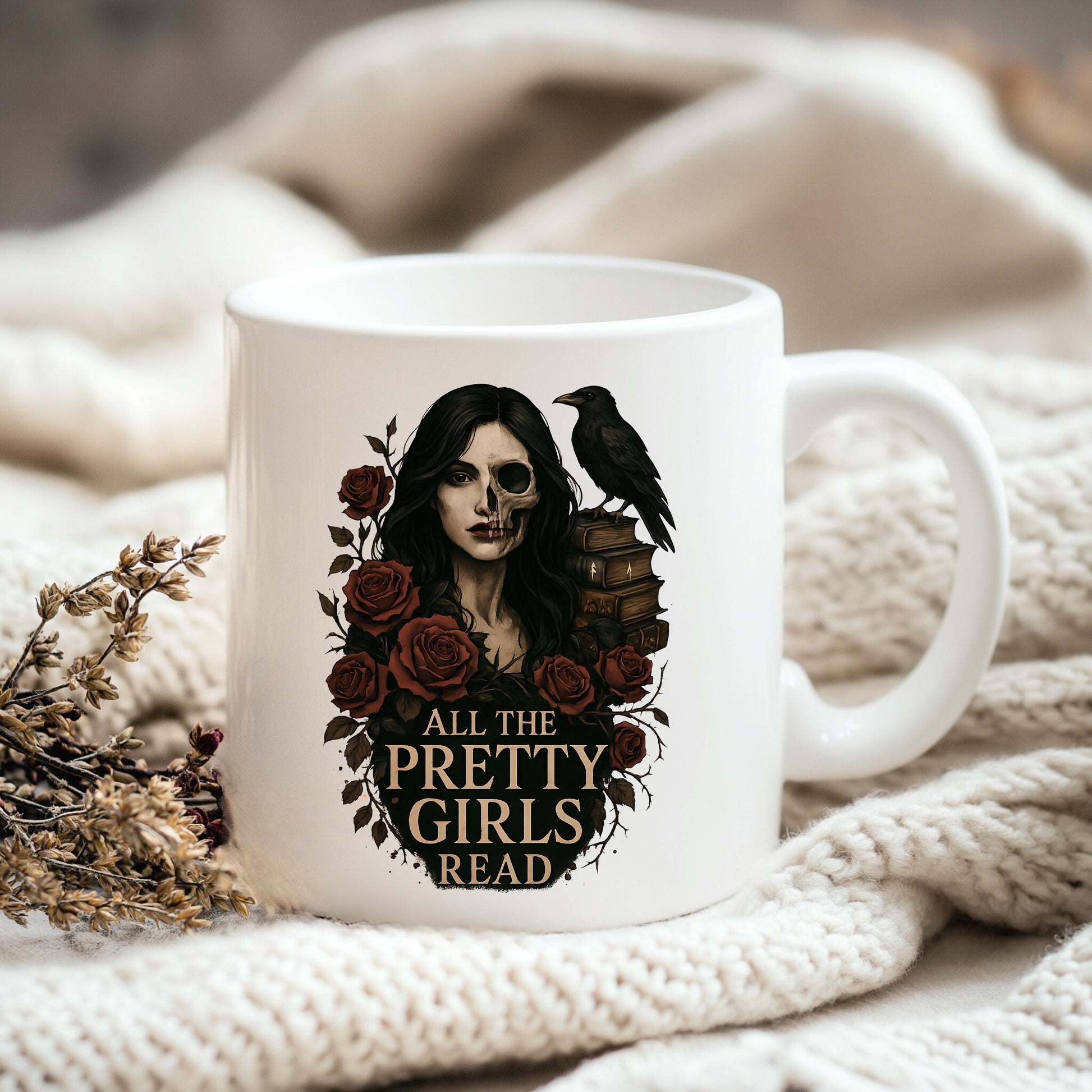 a white coffee mug with a picture of a woman and a bird on it