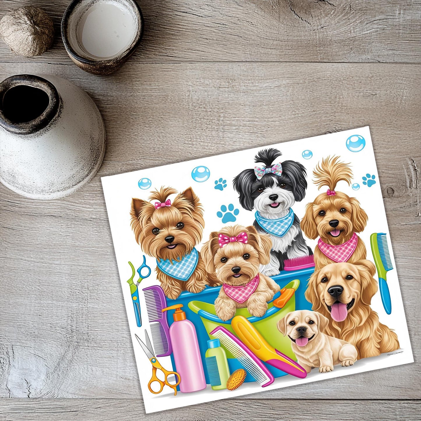 a picture of a group of dogs on a table