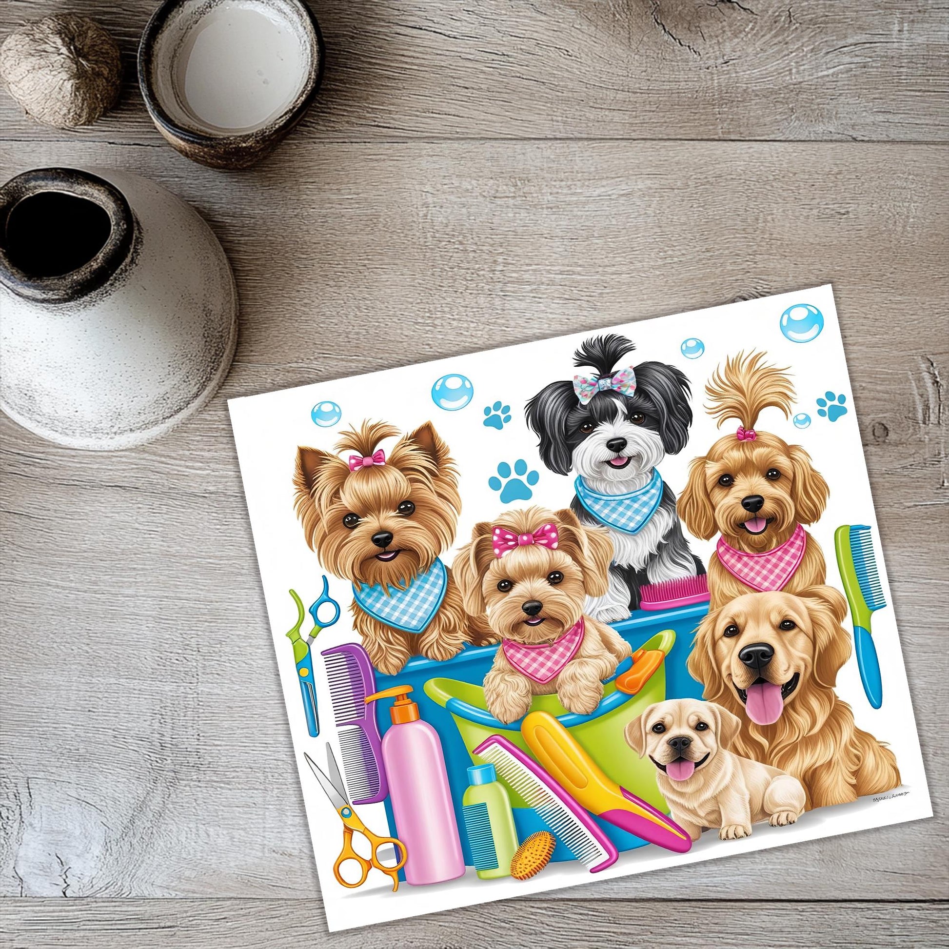 a picture of a group of dogs on a table