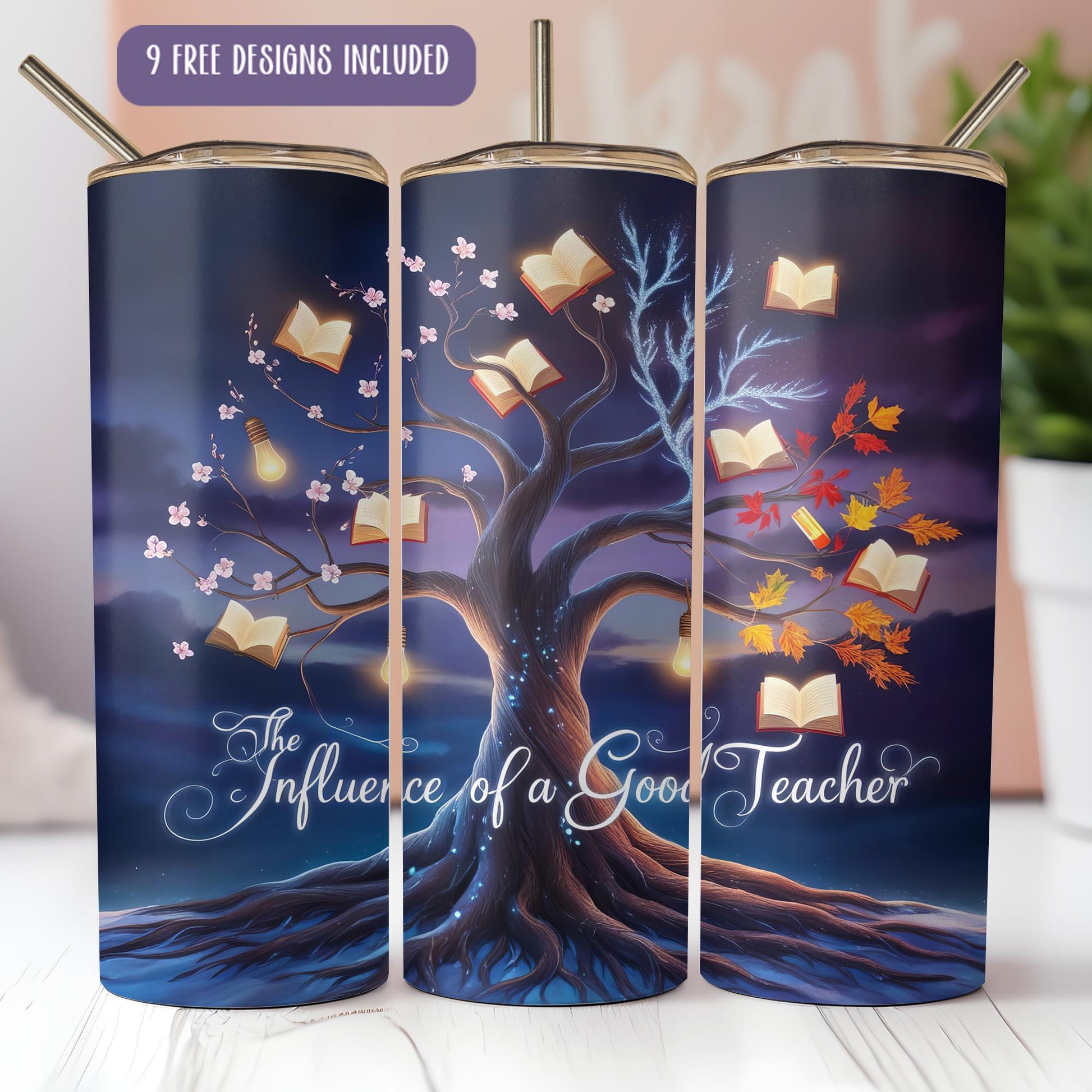 a set of three personalized travel mugs with a tree of books on it