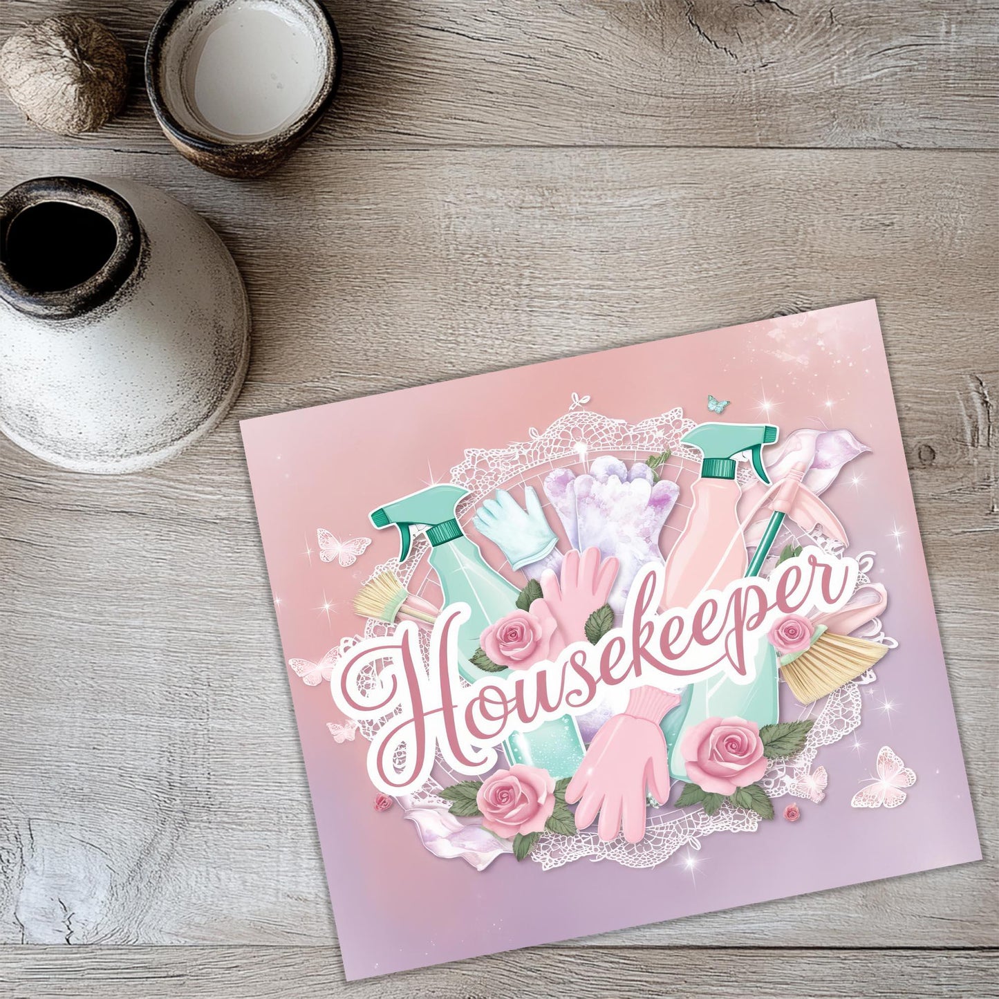 a card with a picture of a housewife on it