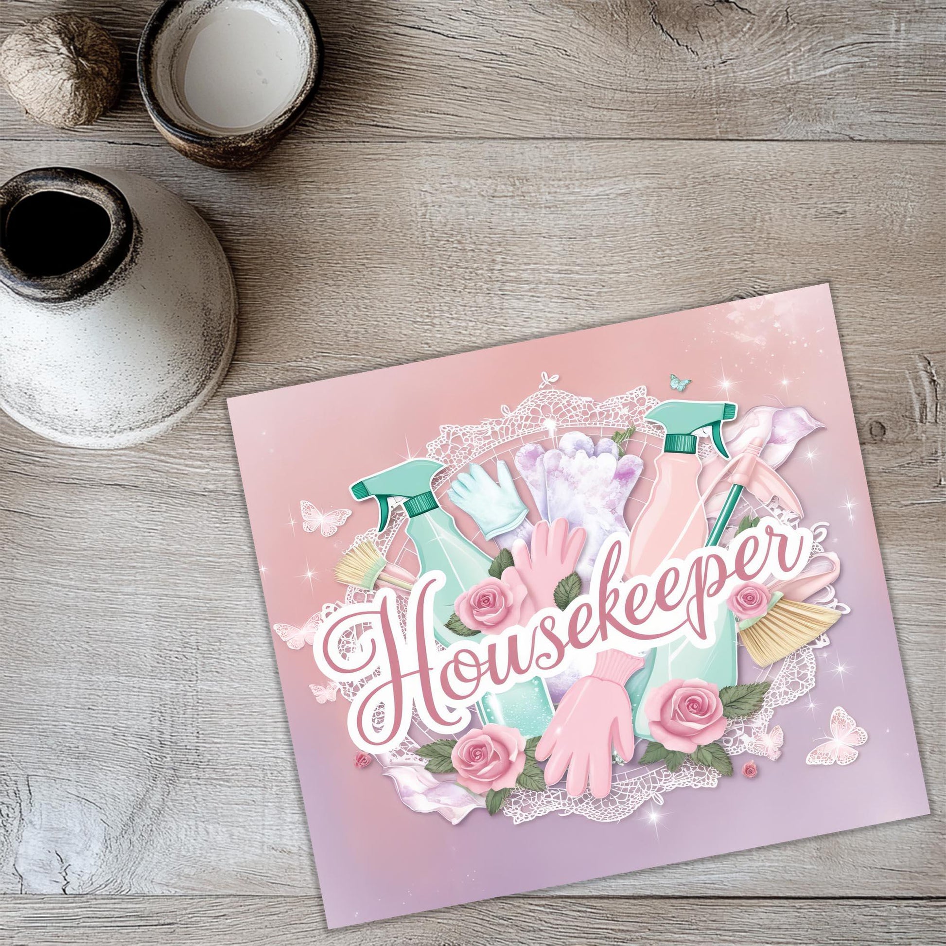 a card with a picture of a housewife on it