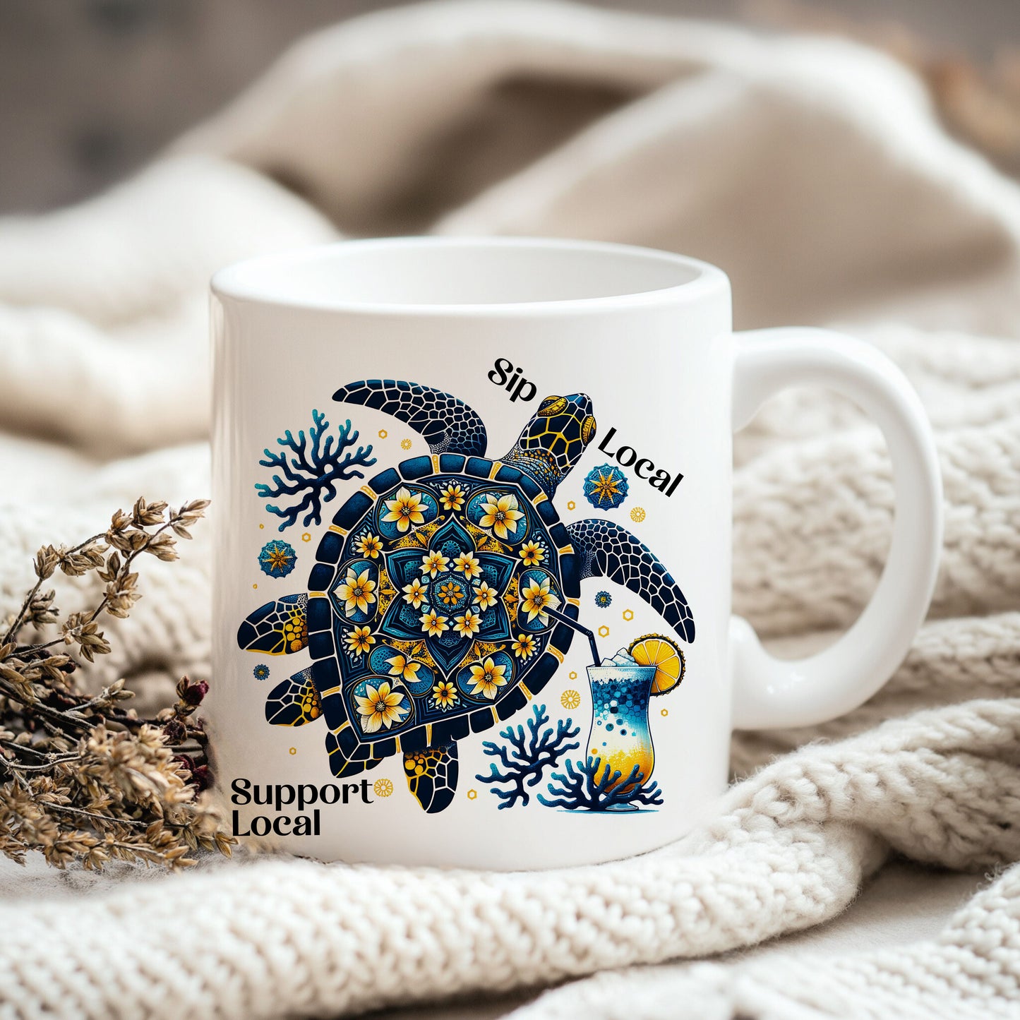 a coffee mug with a sea turtle on it