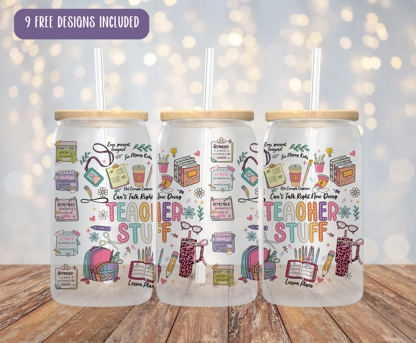 two clear tumblers with colored drawings on them