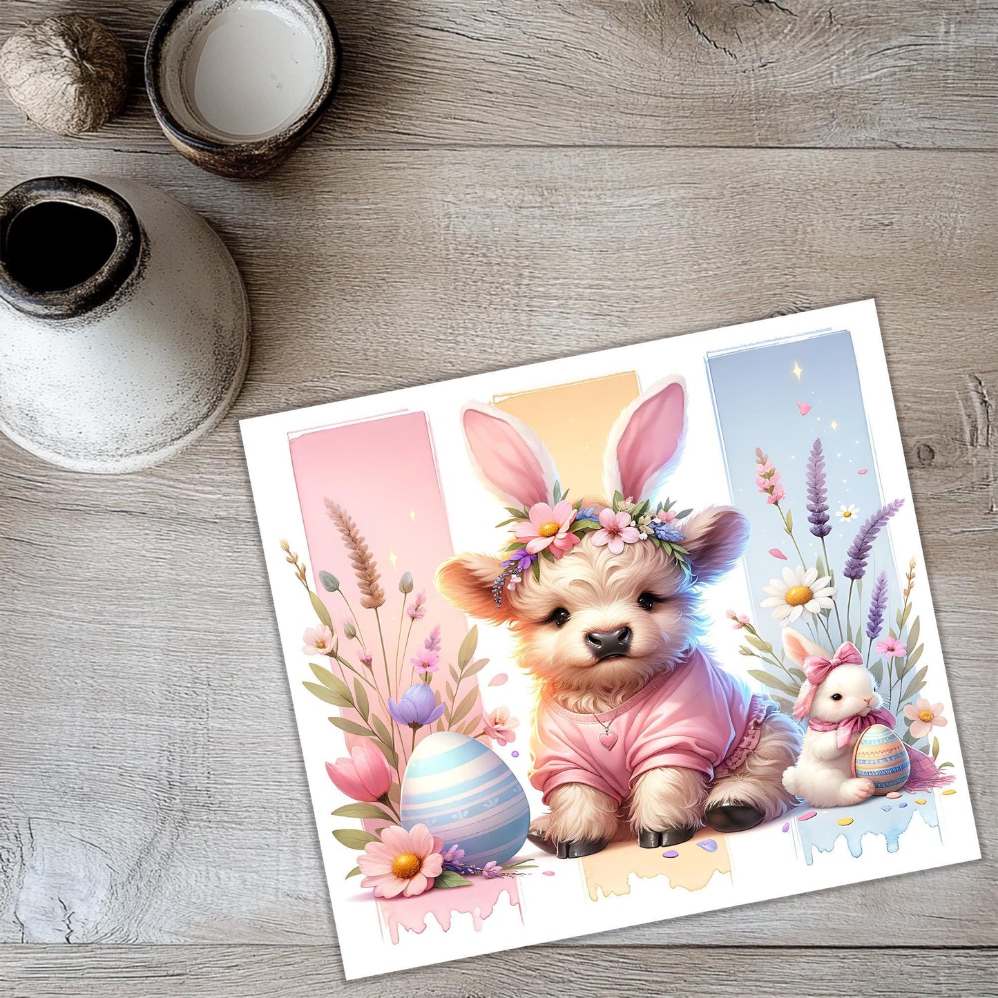 a card with a picture of a dog wearing bunny ears
