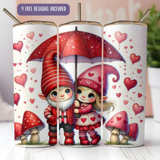 a couple of little gnomes holding an umbrella