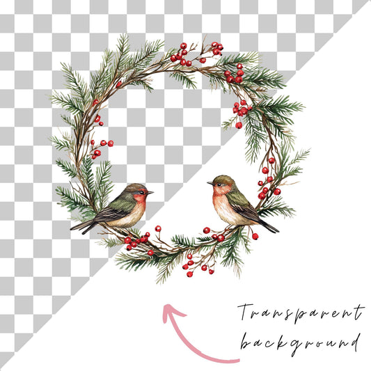 Winter Wreath with Birds Clipart Single