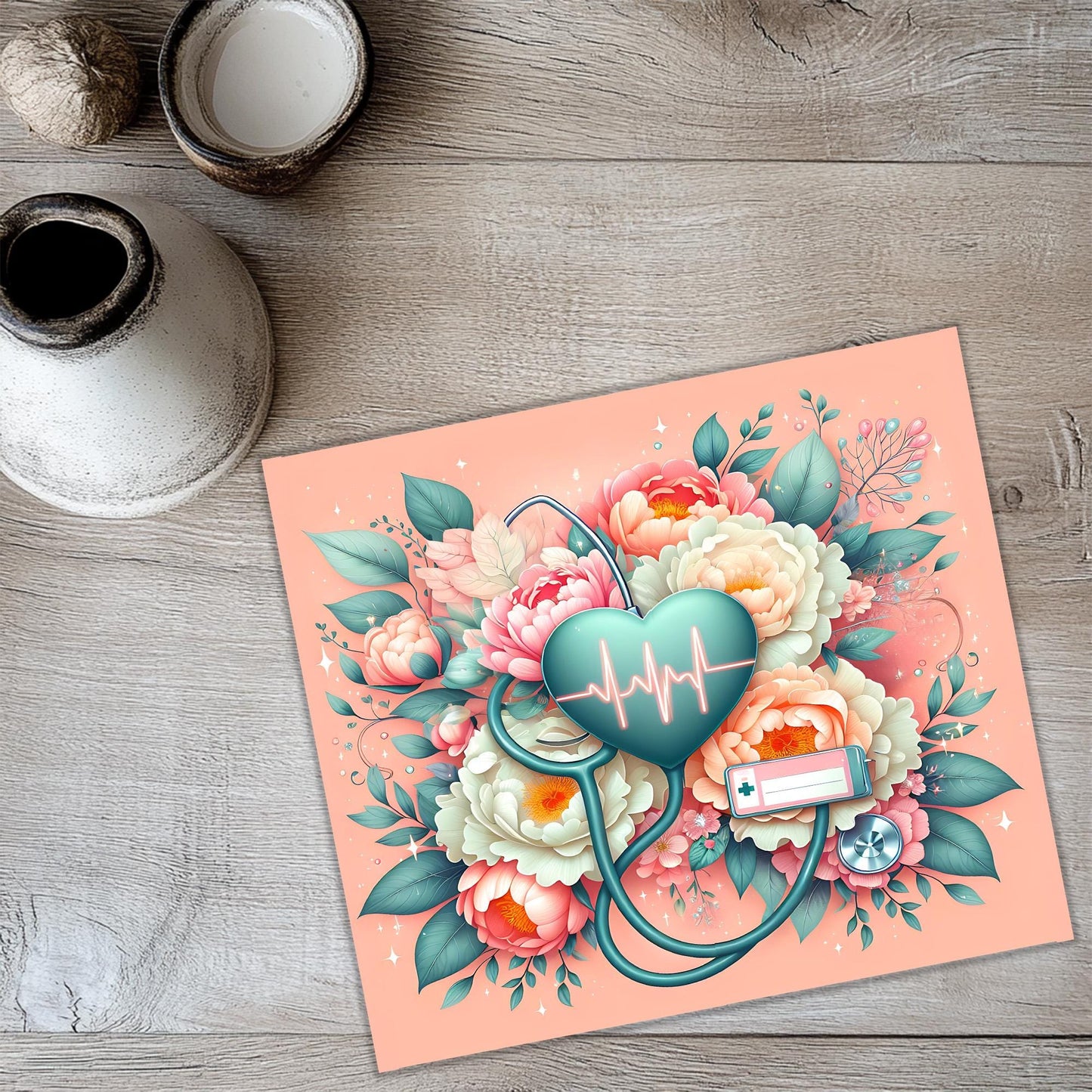 a card with a stethoscope and flowers on it