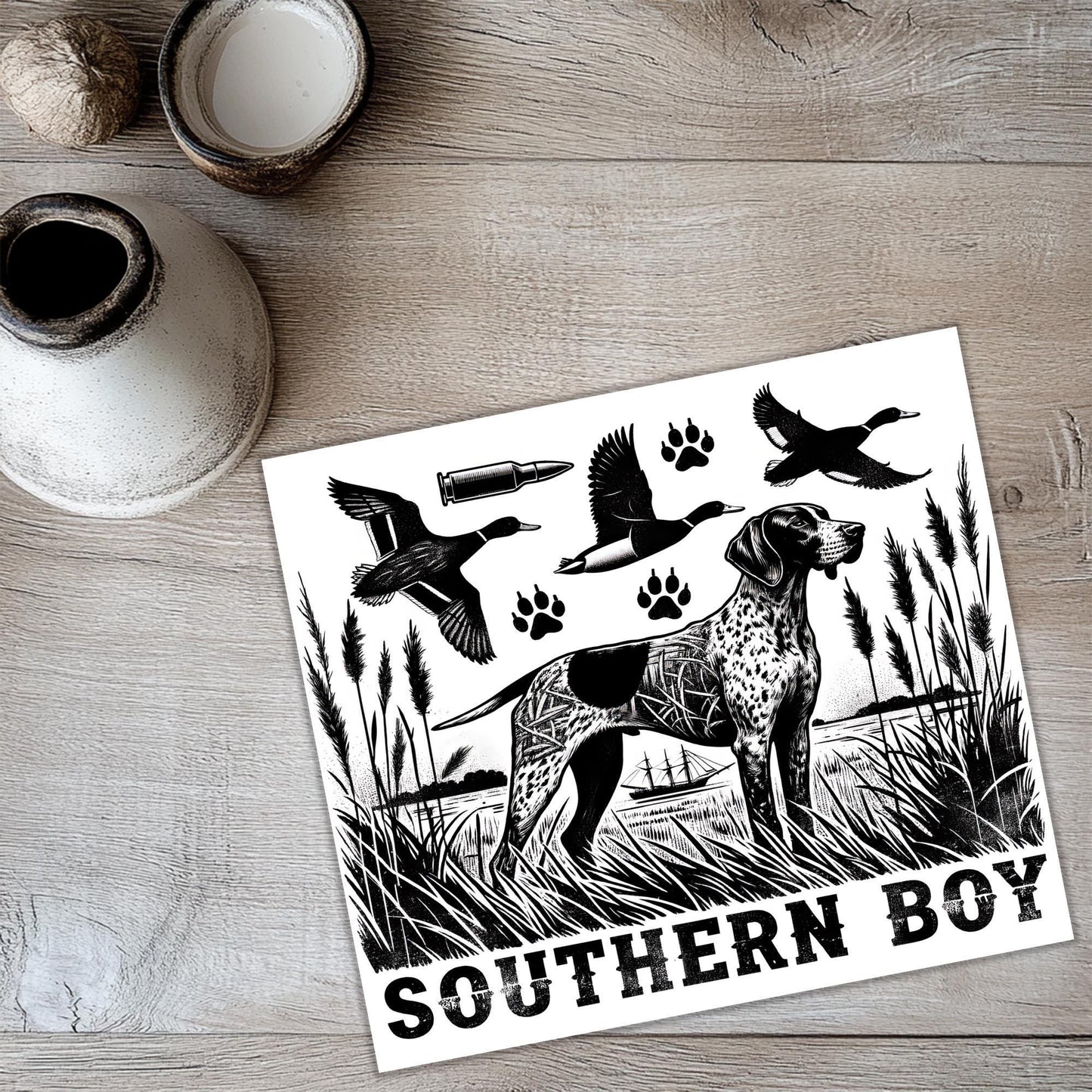 a picture of a dog on a wooden table