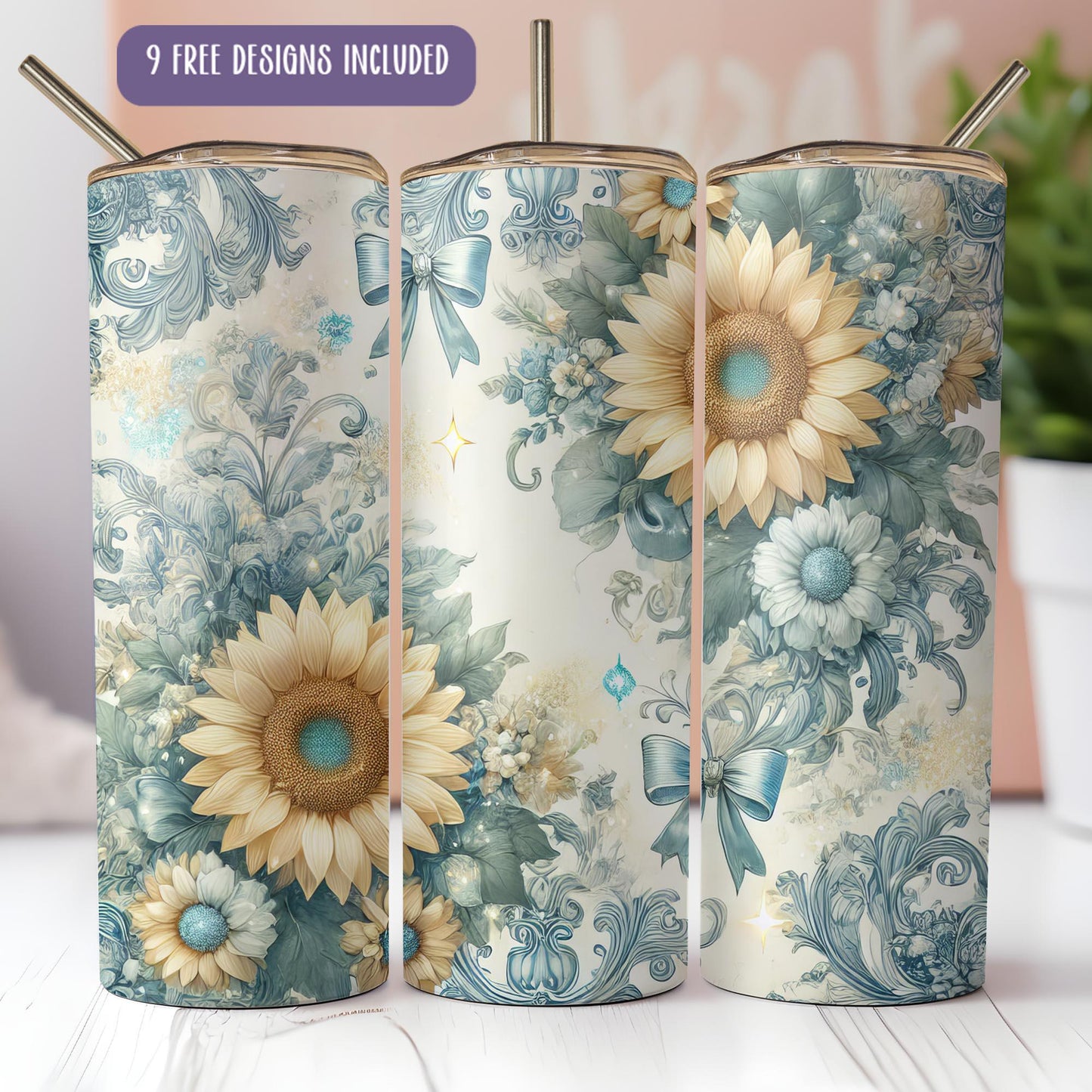 a set of three sunflowers on a blue and white background