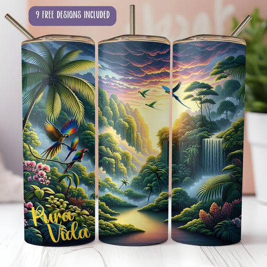 a set of three travel mugs with a tropical scene