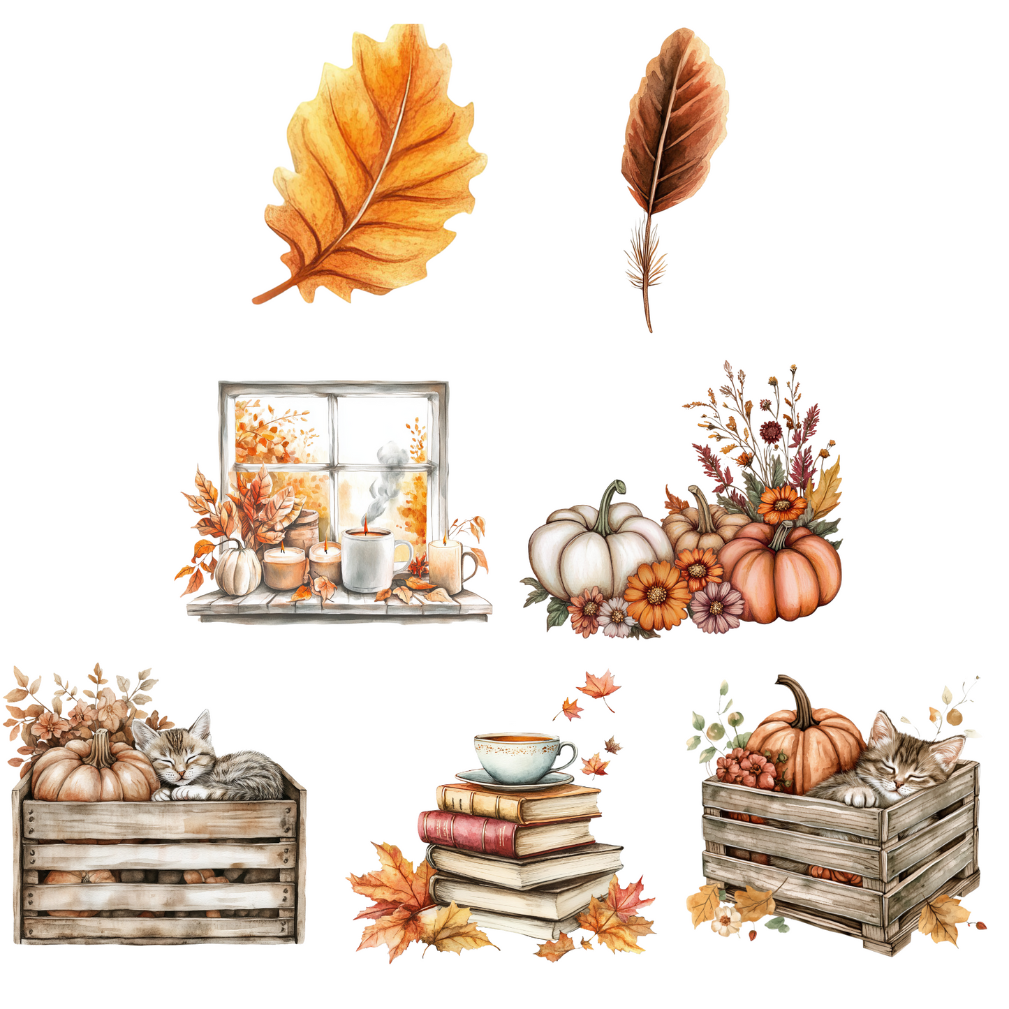 a collection of autumn-themed illustrations, including a large orange leaf, a feather, a window with autumn decorations, a basket of pumpkins, a sleeping cat, a stack of books, and a wooden crate.