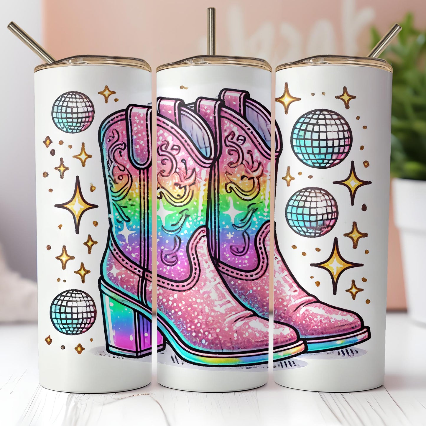 a pair of colorful cowboy boots painted on a white tumble