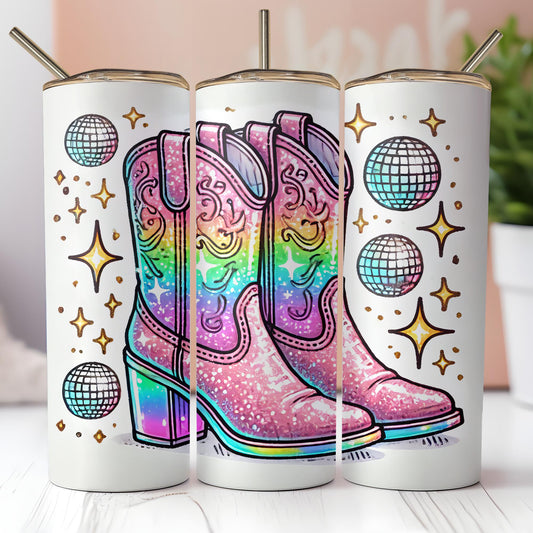 a pair of colorful cowboy boots painted on a white tumble