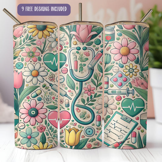 a set of three travel mugs decorated with flowers and a stethoscope
