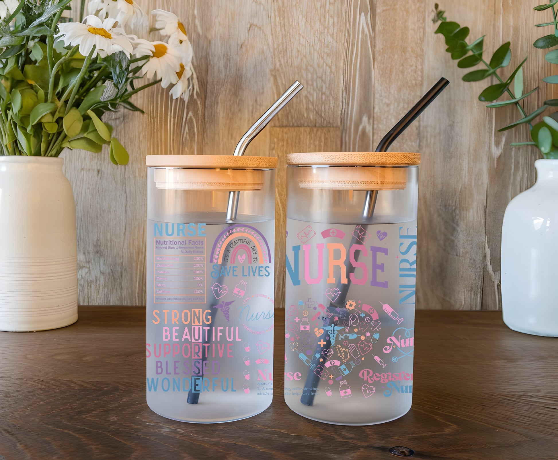 a couple of glass jars sitting on top of a wooden table