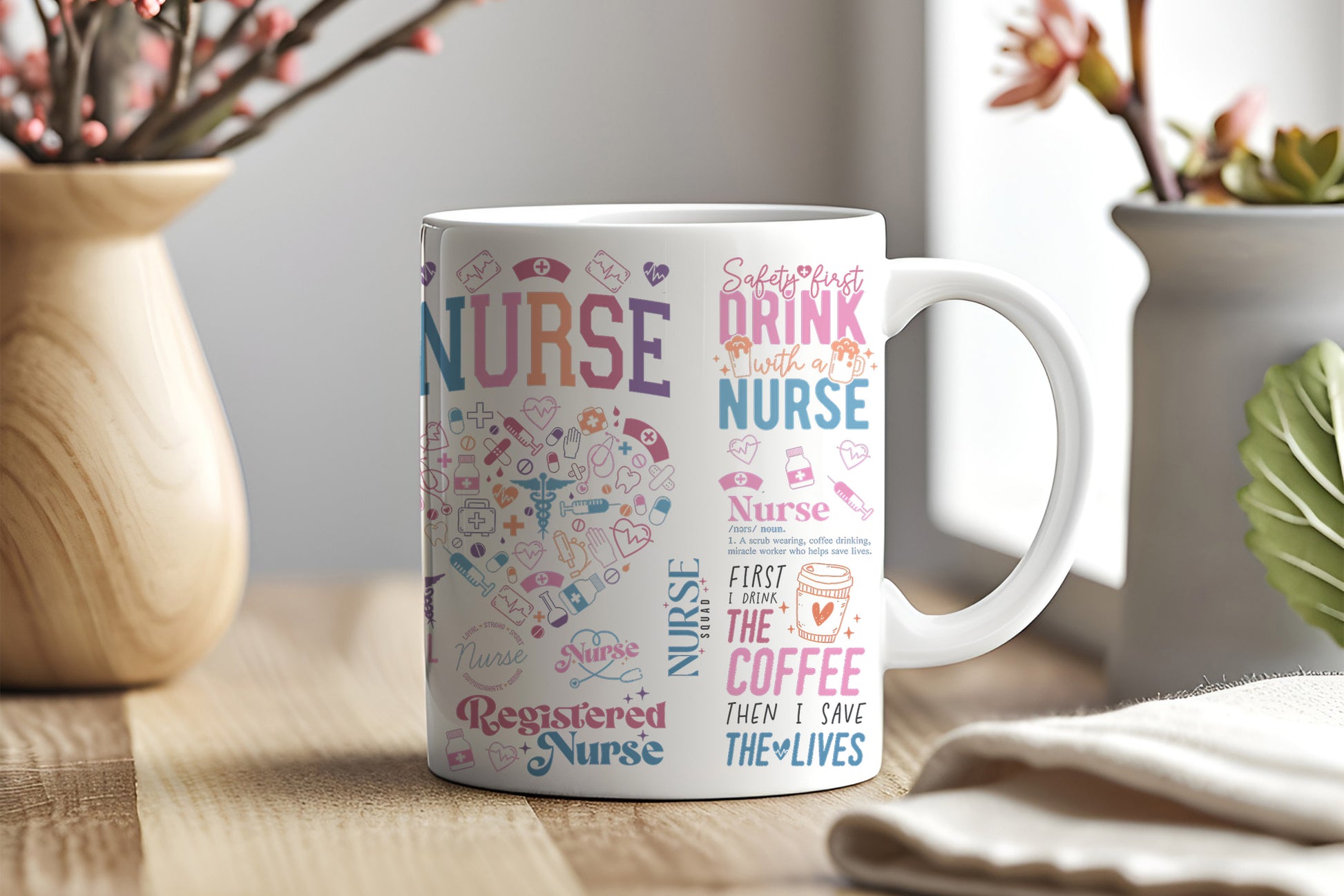 a white coffee mug with nurse words on it