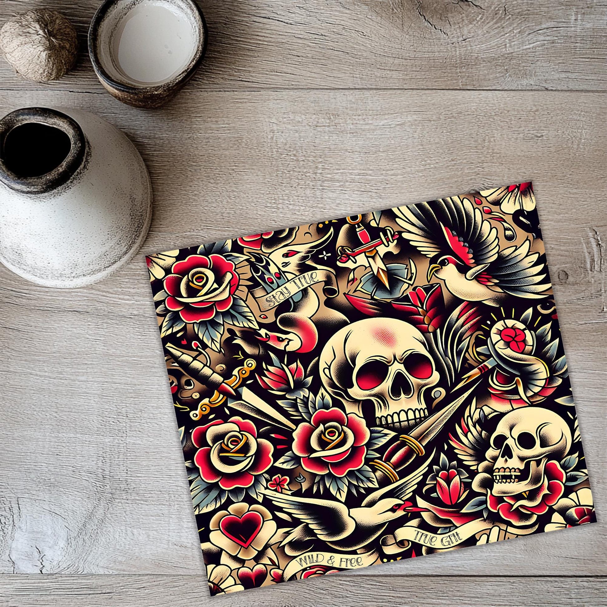 a picture of a table with a skull and roses on it