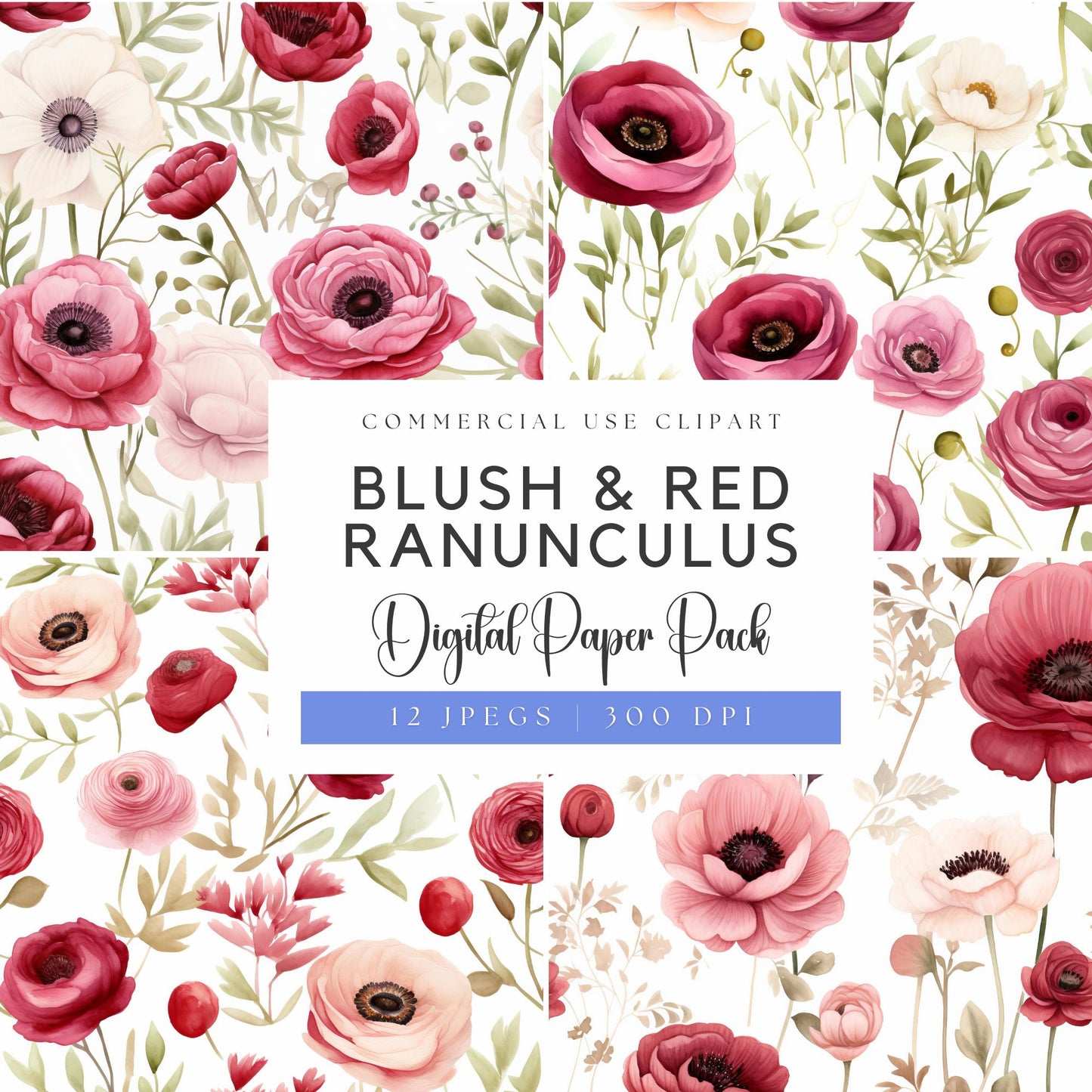 Papeles digitales con acuarela ruborizada y ranúnculos rojos