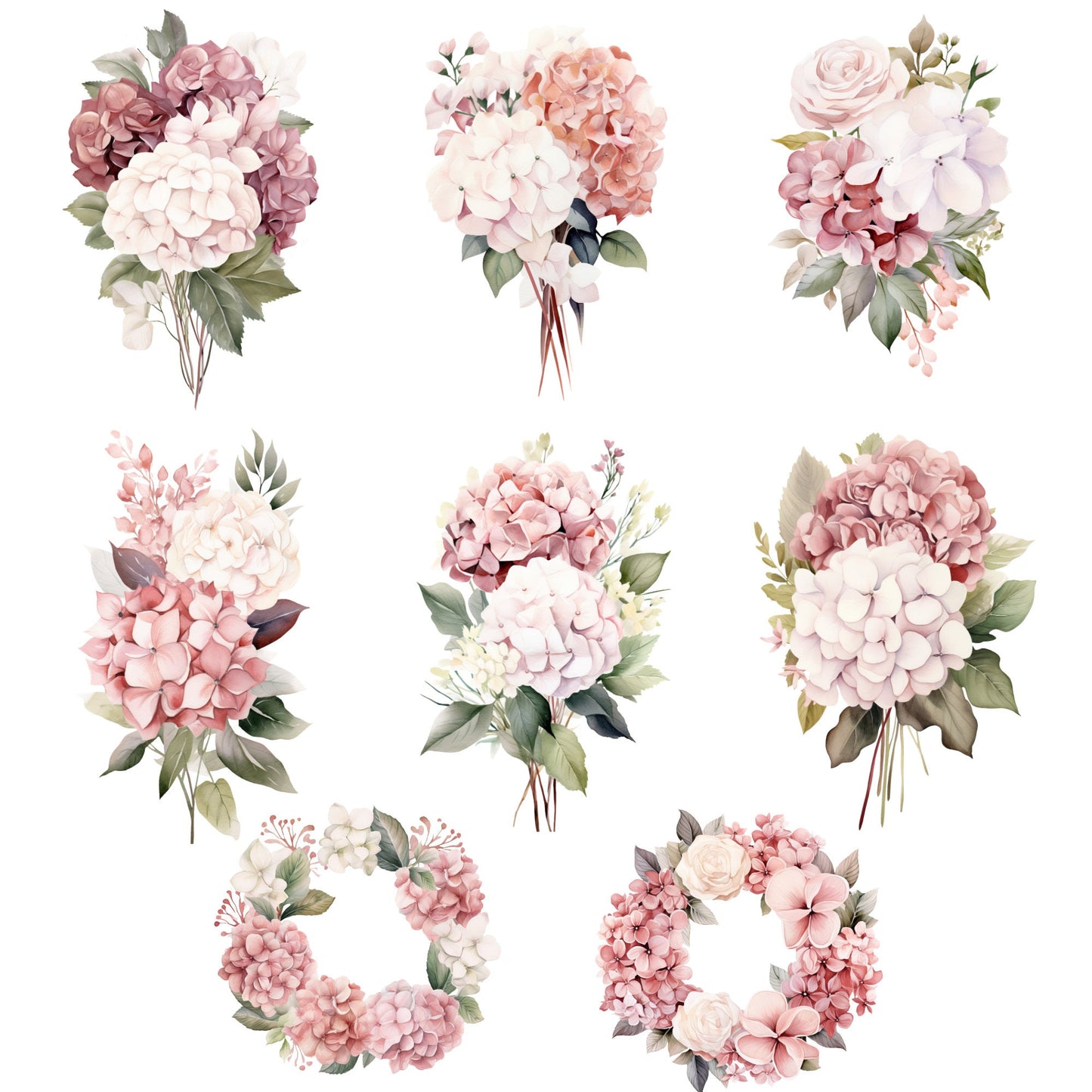 Watercolor Dusty Pink Hydrangea and Rose Floral Clipart