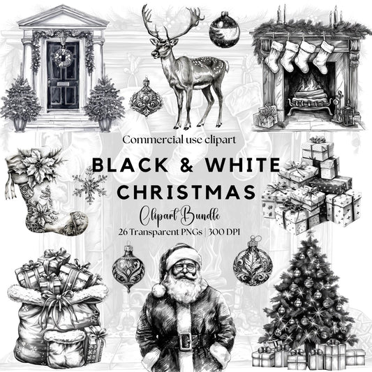 Watercolor Black and White Christmas Clipart