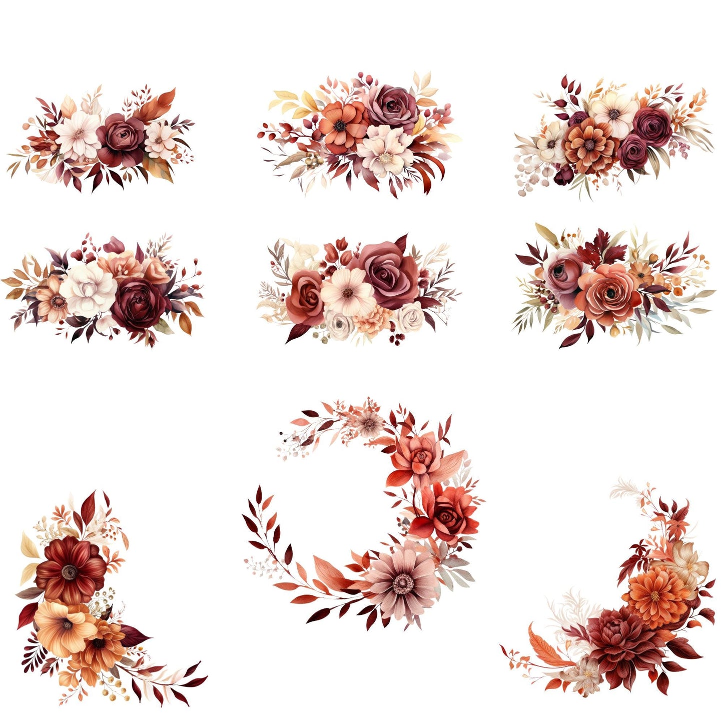 Clipart floral en tonos burdeos y óxido