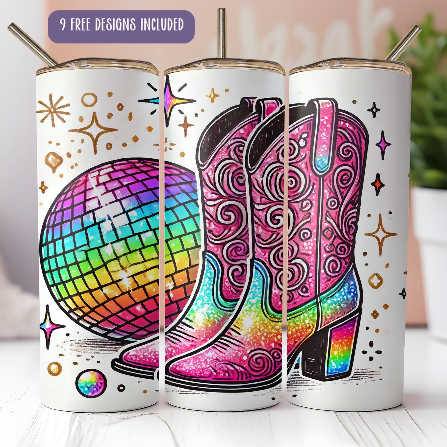 a pair of pink cowboy boots with disco balls on them