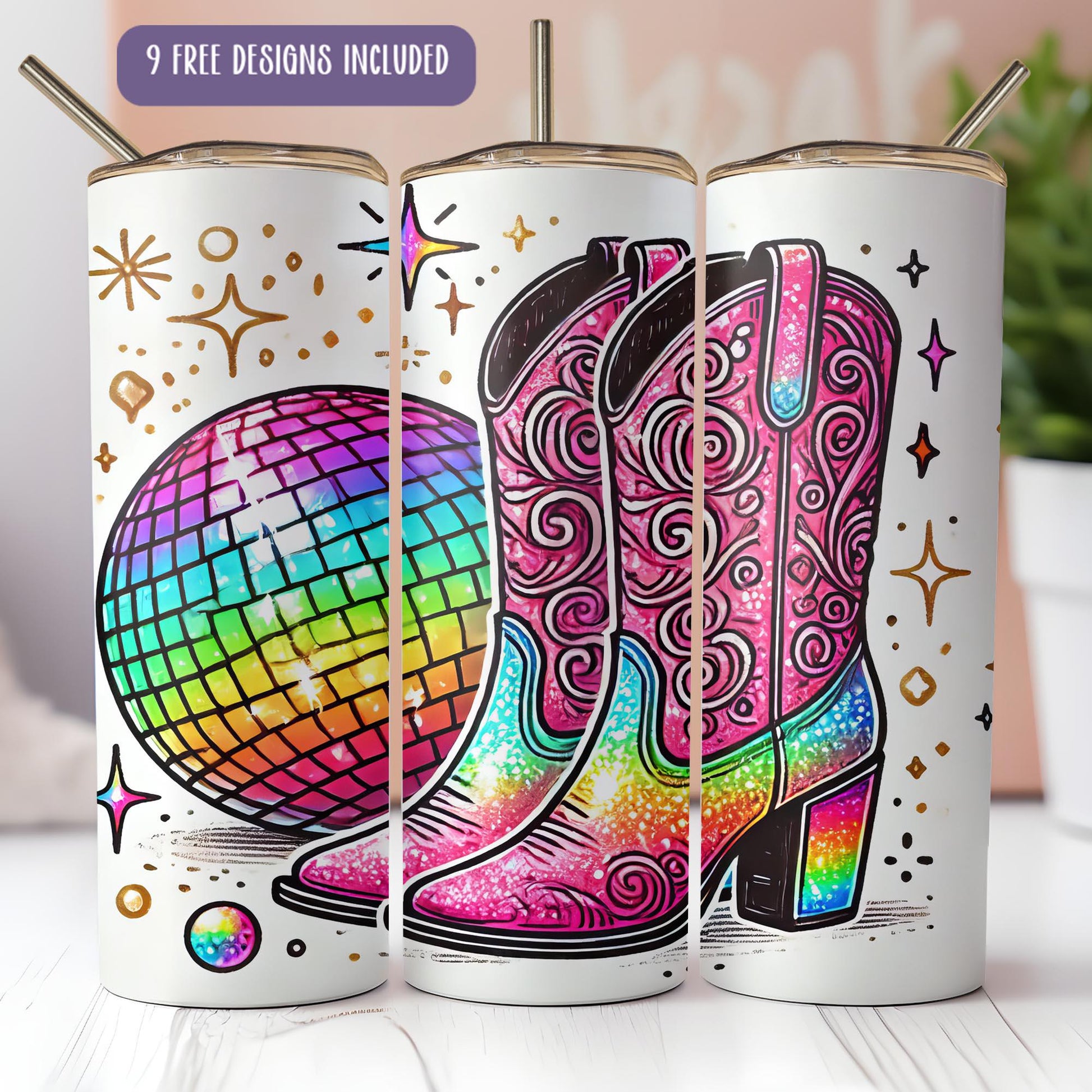 a pair of pink cowboy boots with disco balls on them