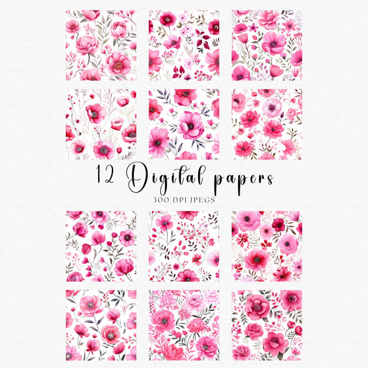 Papeles digitales florales de color rosa brillante