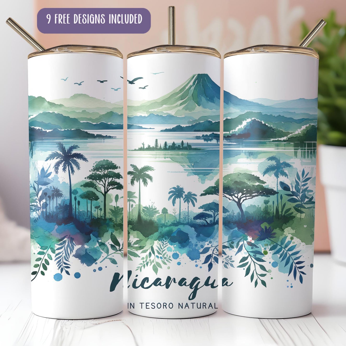 a set of three coffee mugs with a tropical scene on them
