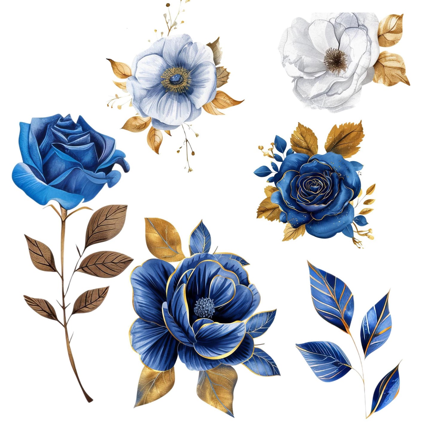 Clipart floral azul real en acuarela