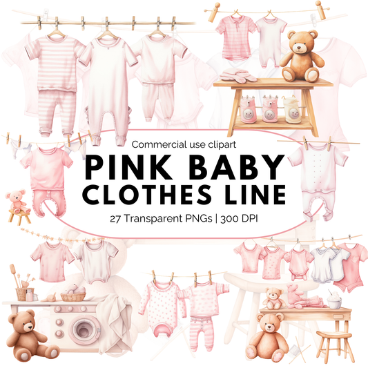 Tendedero de ropa de bebé en acuarela - Rosa