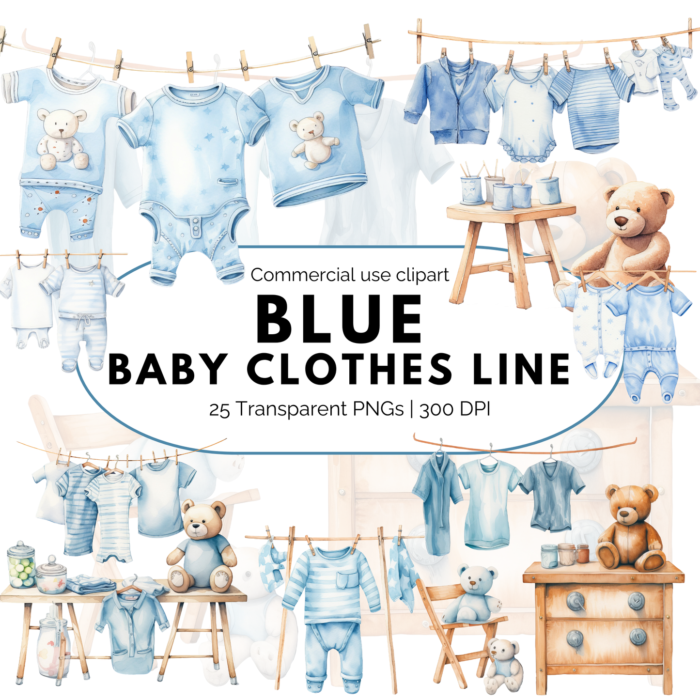 Tendedero de ropa de bebé en acuarela