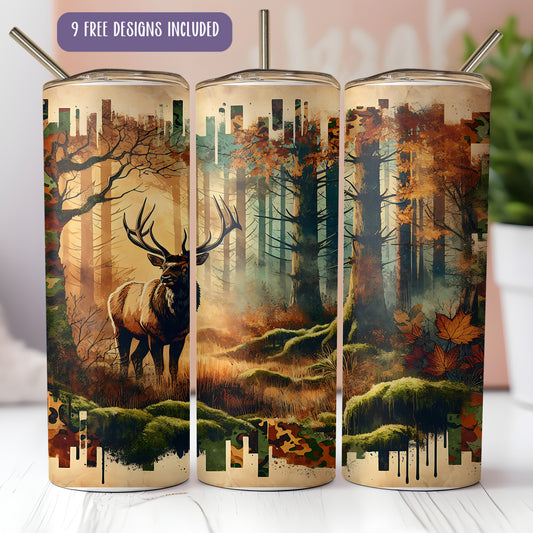Camo Deer & Elk Hunting Season 20oz Tumbler Wrap – Sublimation PNG