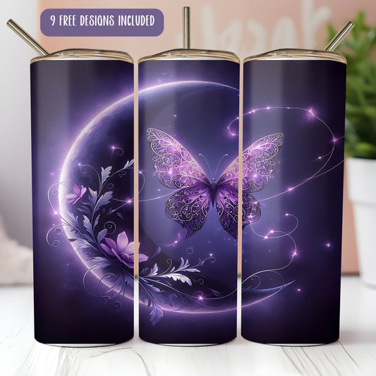 Purple Celestial Butterfly Tumbler Wrap PNG – 20oz Skinny Cosmic Sublimation Design