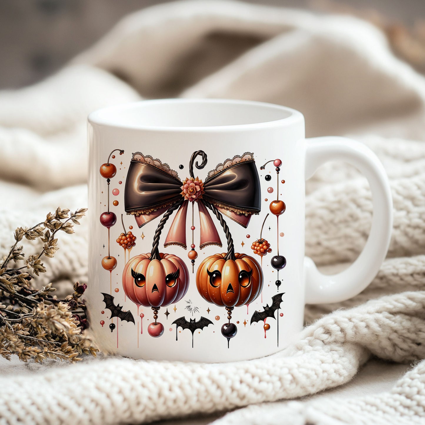 Cherries Pumpkin PNG – Coquette Fall Sublimation with Bows, Pumpkins & Cherries