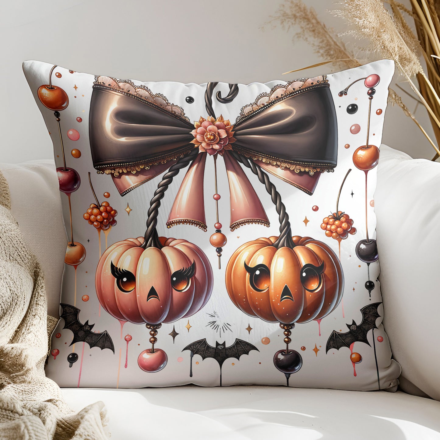 Cherries Pumpkin PNG – Coquette Fall Sublimation with Bows, Pumpkins & Cherries