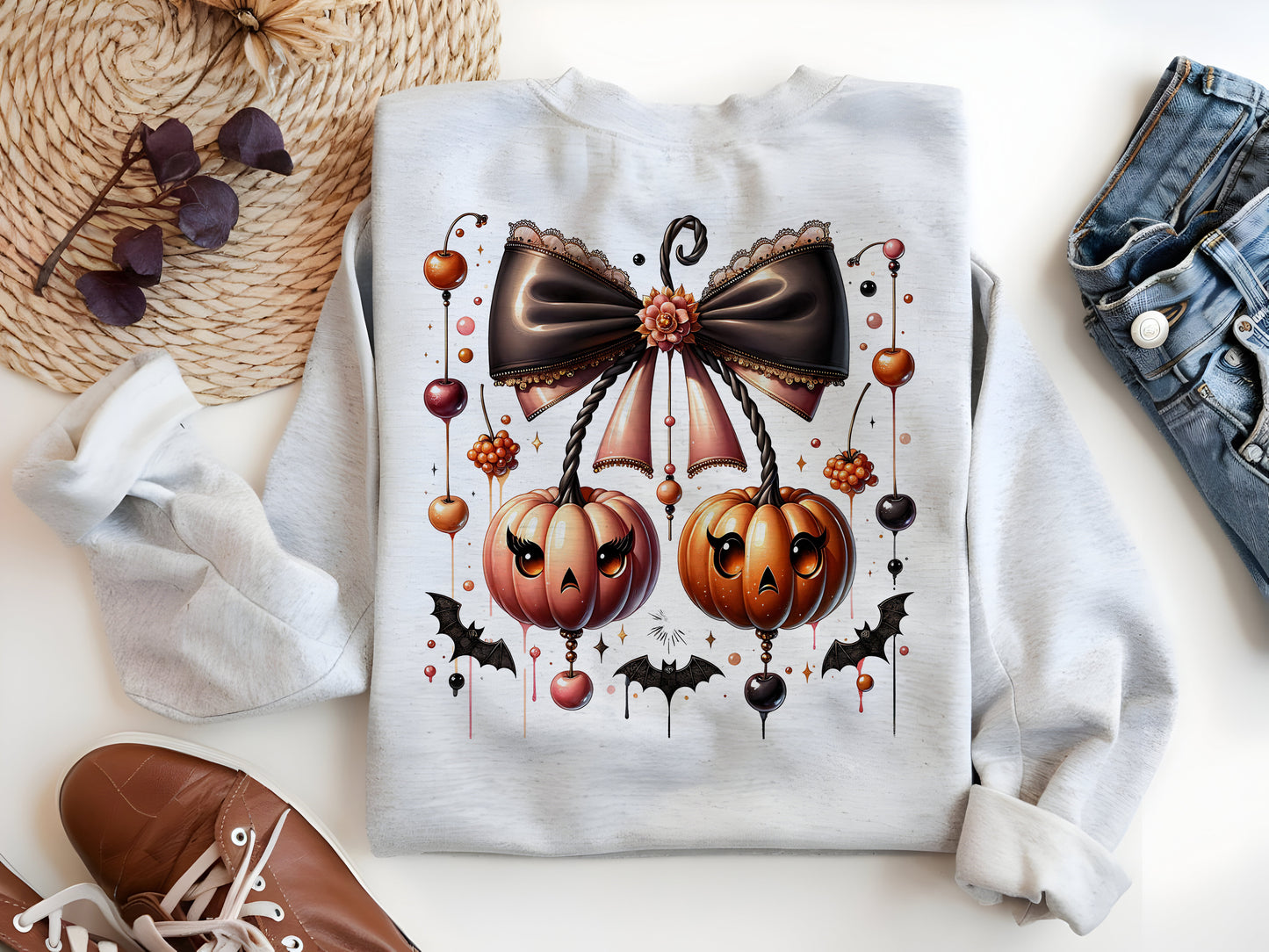 Cherries Pumpkin PNG – Coquette Fall Sublimation with Bows, Pumpkins & Cherries