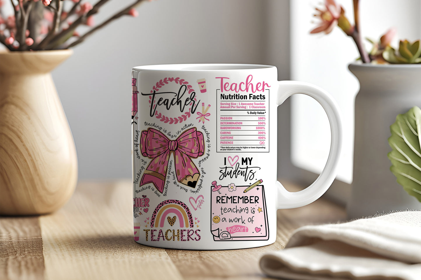 Pink Coquette Teacher Mug Wrap | 11oz Sublimation PNG
