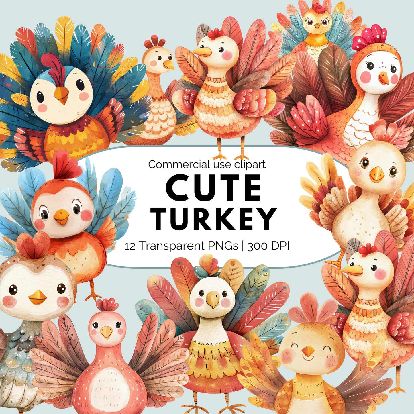 Watercolor Cute Turkey Clipart