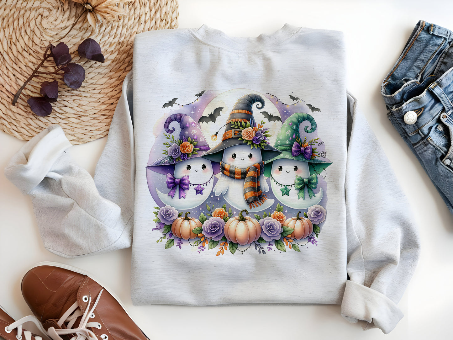 Cute Ghost PNG – Retro Halloween Bow Sublimation Design for Fall Crafts