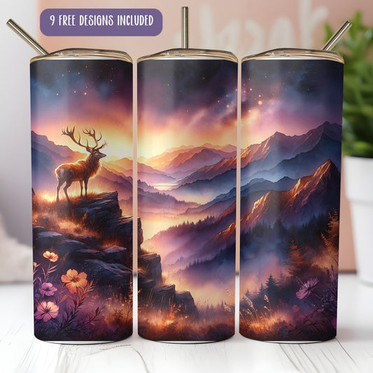 Deer at Sunset Tumbler Wrap PNG – 20oz Hunting Nature Scene for Sublimation