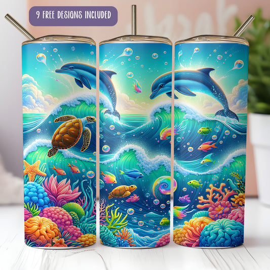 Dolphin and Sea Turtle Tumbler Wrap PNG | Tropical Ocean Sublimation