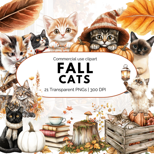 Fall Cat Clipart PNG, Autumn Halloween Cat Clip Art, Cute Black Cat Watercolor Bundle for Sublimation