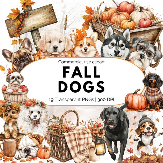 Fall Dog Clipart PNG, Autumn Puppy Sublimation Bundle, Cozy Dog Graphics for Junk Journals & Crafts